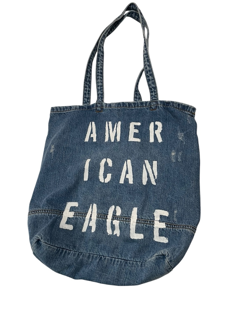 American Eagle distressed Denim Tote Bag Blue White Logo Spell Out bookbag